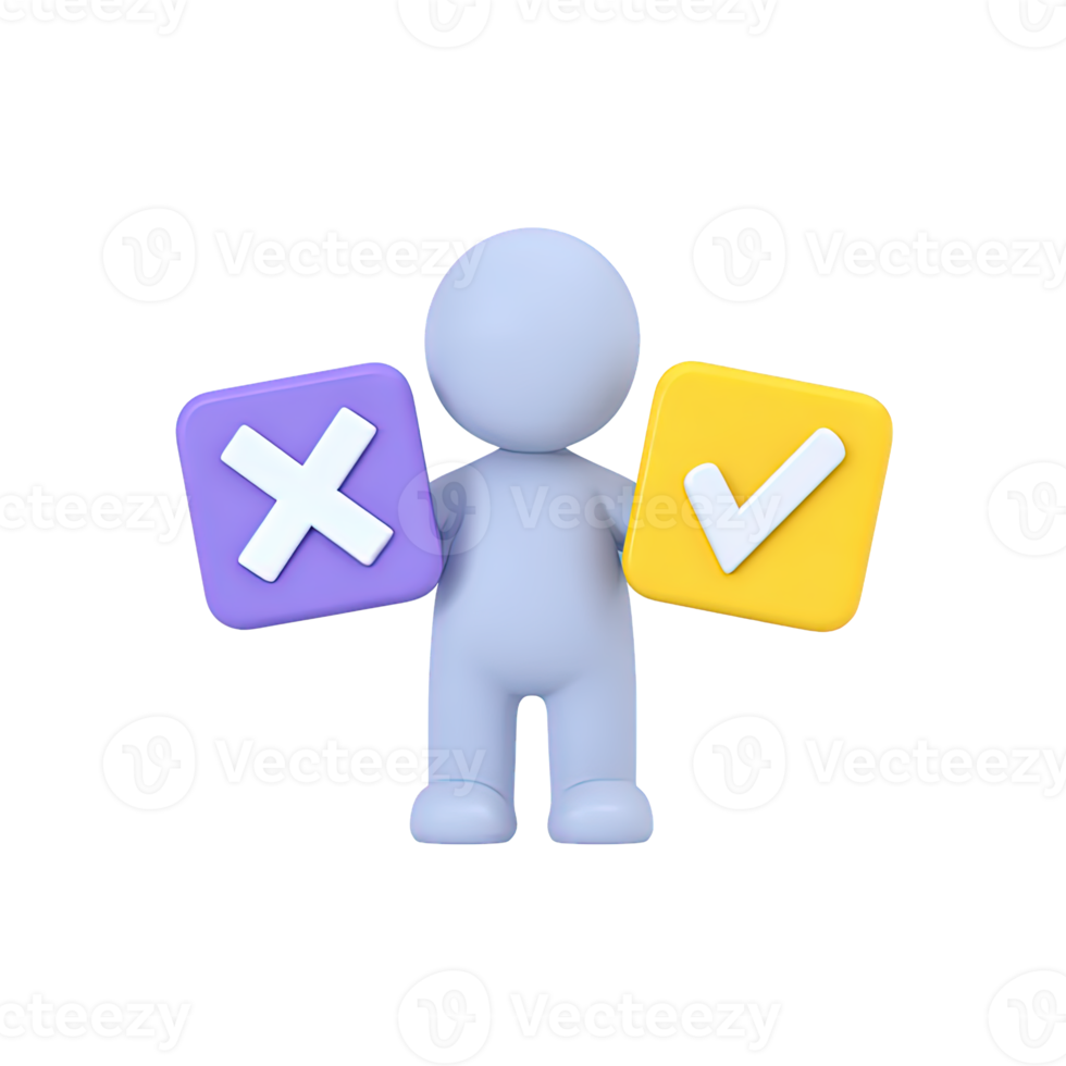 3D icon figure chooses between purple cross, yellow checkmark. Symbolizes critical decisions, dilemma, approval vs rejection, evaluating options carefully. png