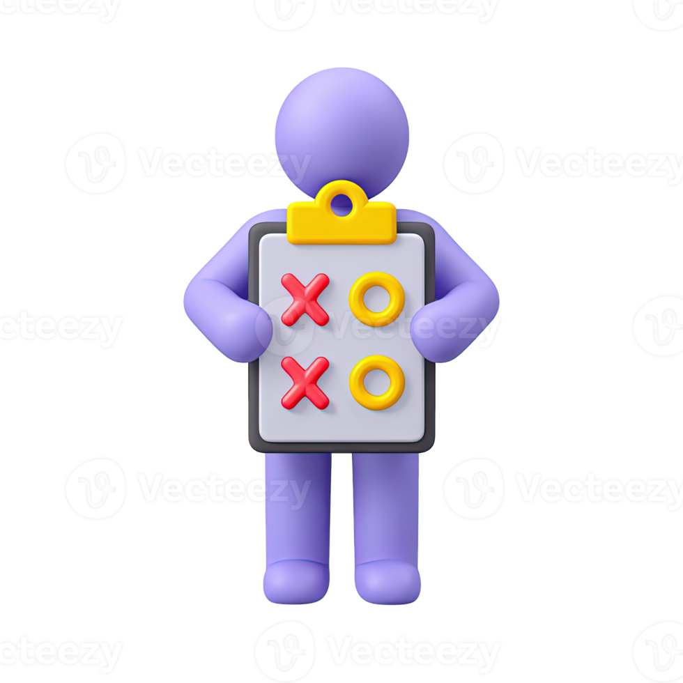 Stylized 3D icon character presents tic-tac-toe board. Emphasizes strategic thought, competitive play, decision processes, logical choices for outcome. png