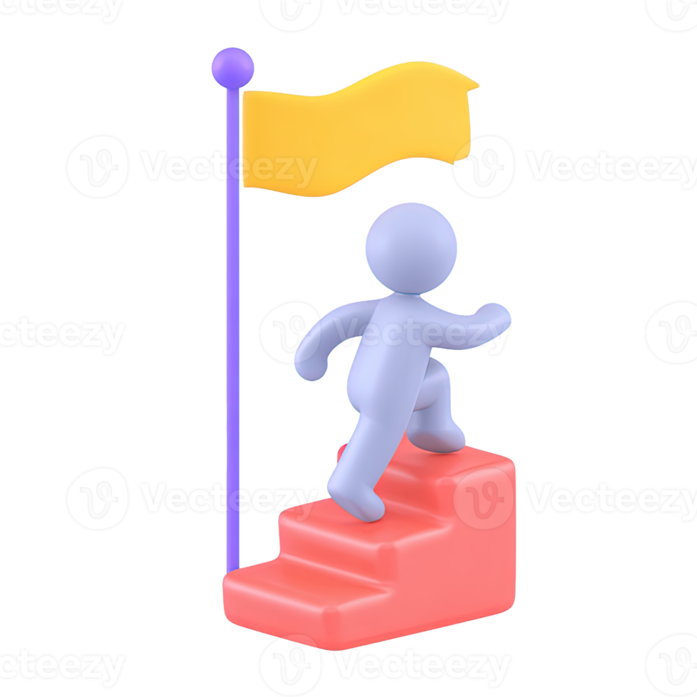 3D icon stylized figure climbs stairs to yellow flag. Represents ambition, goal achievement, career progress, success journey. Motivational visual for talks. png