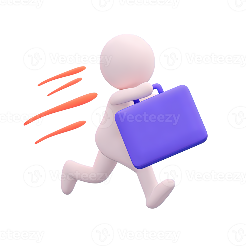 3D icon figure in motion, running with briefcase. Depicts urgency, business dynamics, professional speed, meeting deadlines, fast-paced corporate life. png