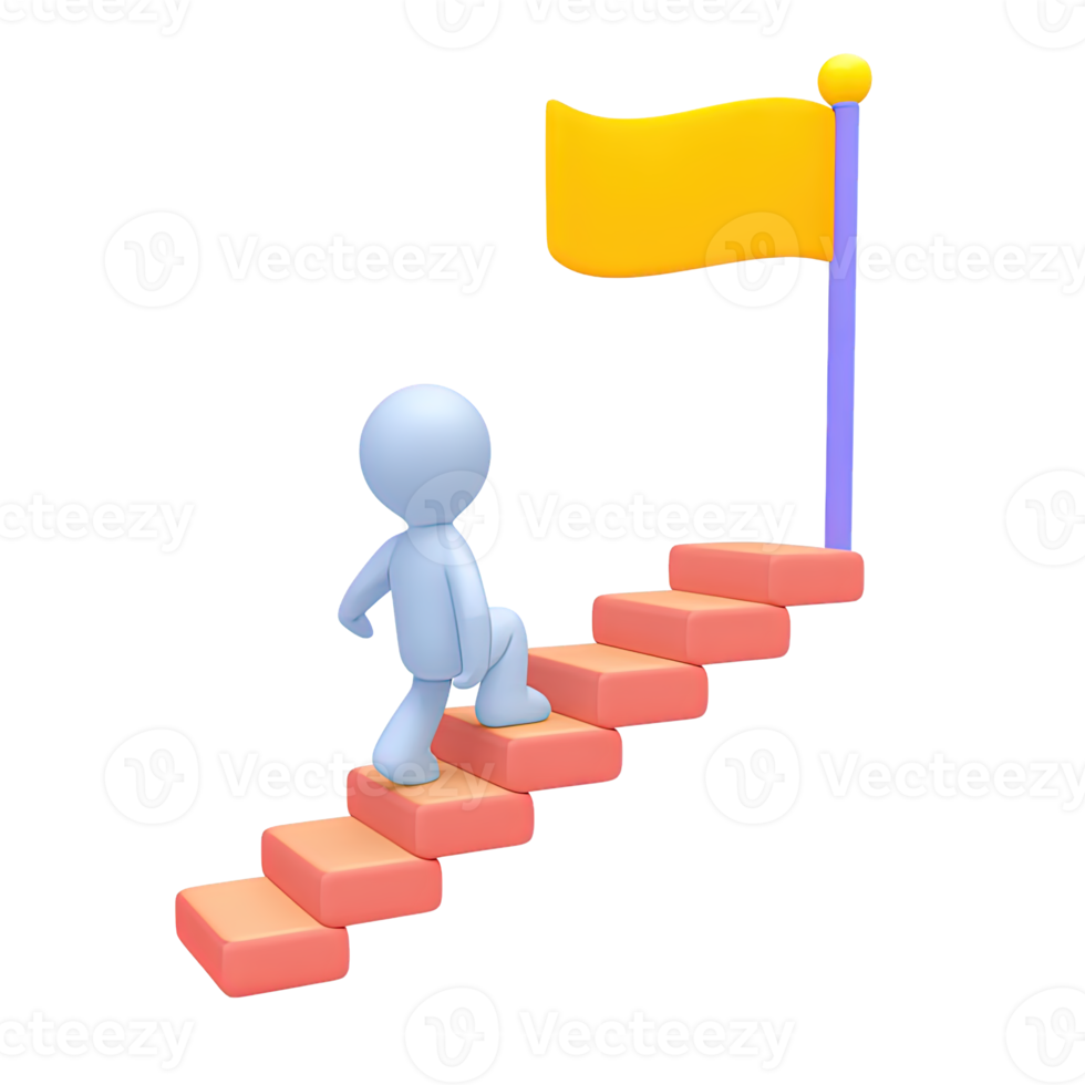 3D icon figure ascends long stairs to flag. Illustrates perseverance, long term goals, continuous improvement, path to major accomplishments in life biz. png