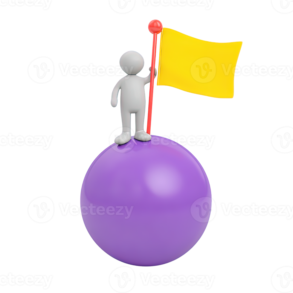 3D icon figure atop purple sphere holds flag. Symbolizes global achievement, worldwide leadership, reaching success summit, international recognition victory. png