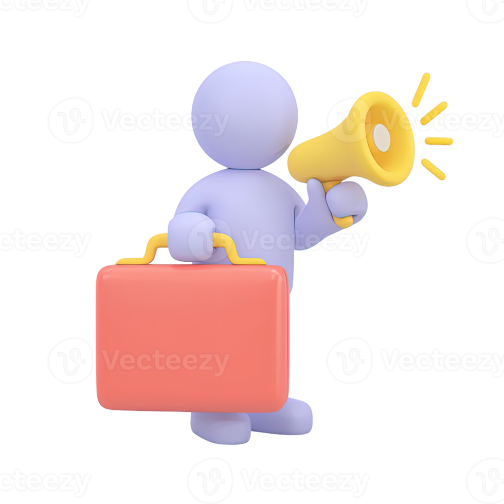 3D icon figure with briefcase and megaphone. Symbolizes business announcements, marketing comms, public speaking, promotional acts for impactful messages. png