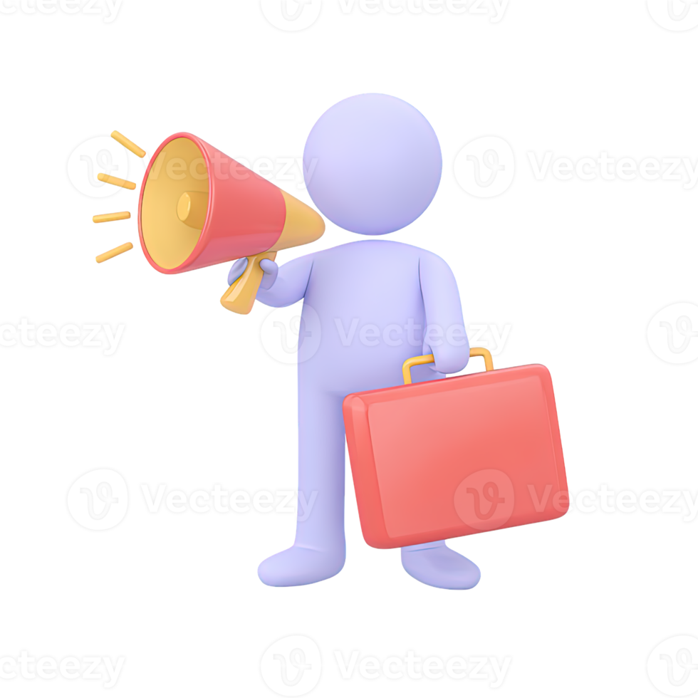 Dynamic 3D icon figure with red briefcase, yellow megaphone. Illustrates urgent announcements, strategic marketing, broadcasting info, assertive biz comms. png