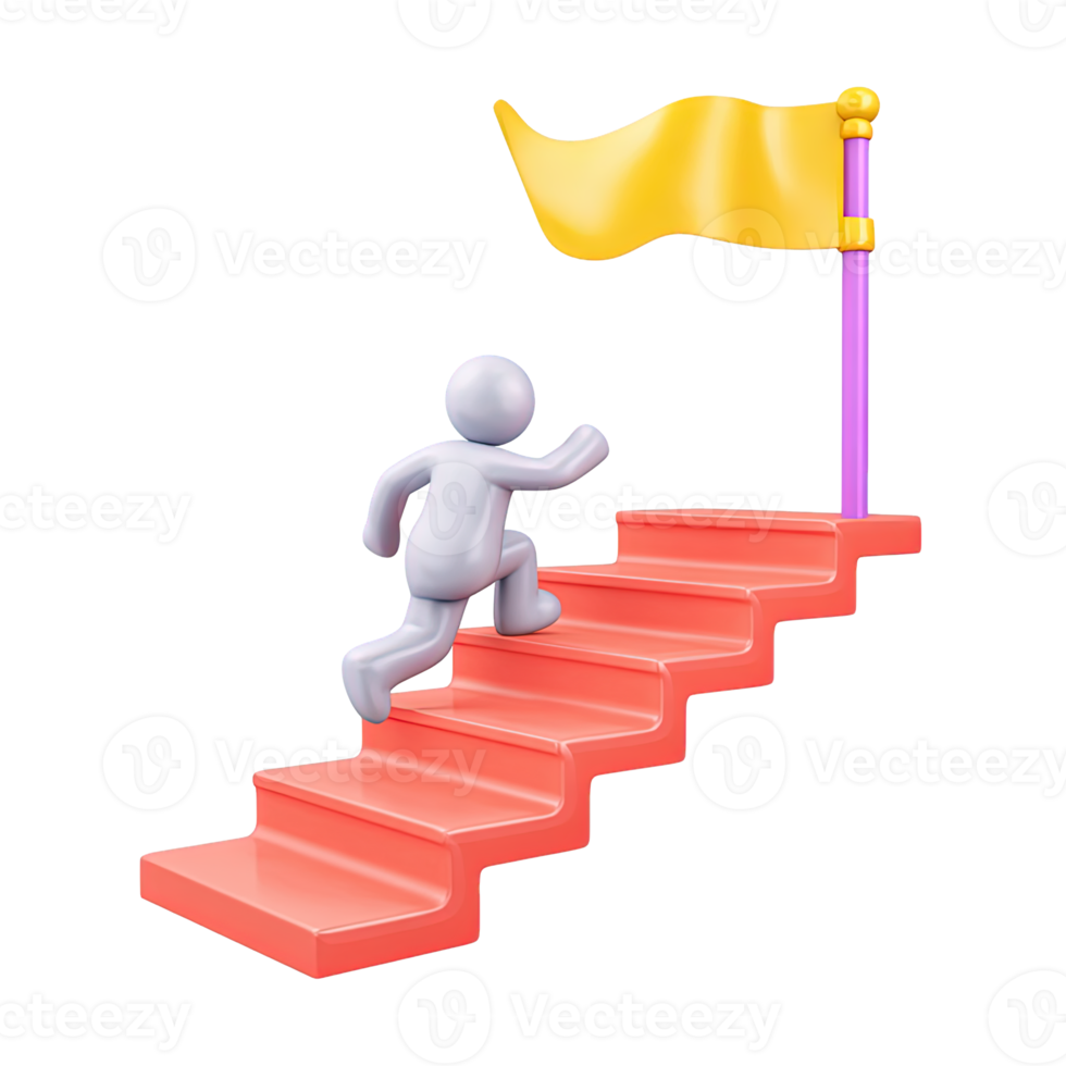 3D icon figure runs up stairs to flag. Represents rapid career progress, ambition, achieving goals quickly, determination, dynamic move to success. png