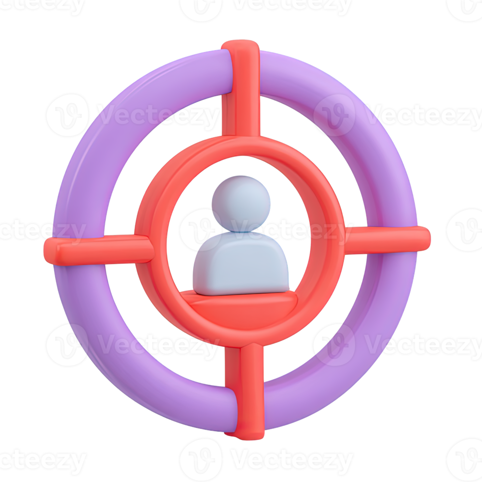 3D target icon person silhouette at center. Represents customer targeting, audience segmentation, HR recruitment, focused marketing for business growth. png