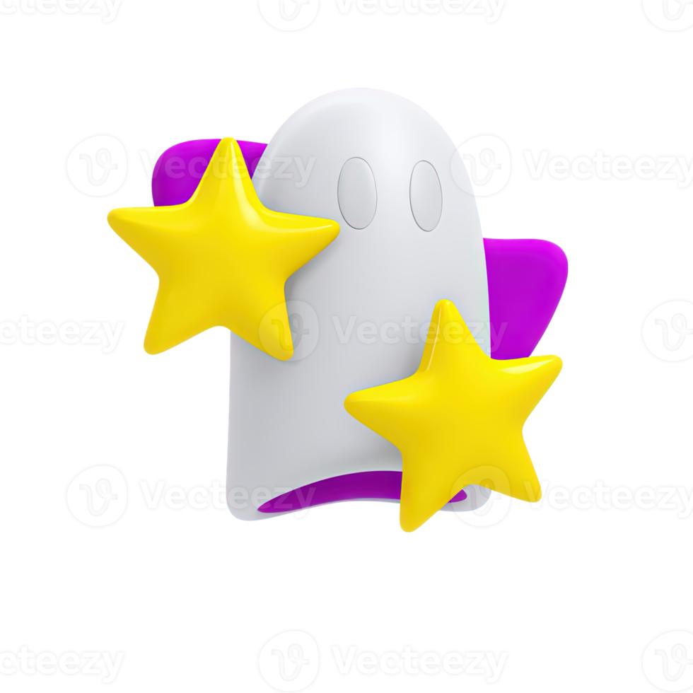 Charming 3D ghost icon, three yellow stars. Signifies excellent rating, superior customer satisfaction, high-quality review, strong positive feedback. png