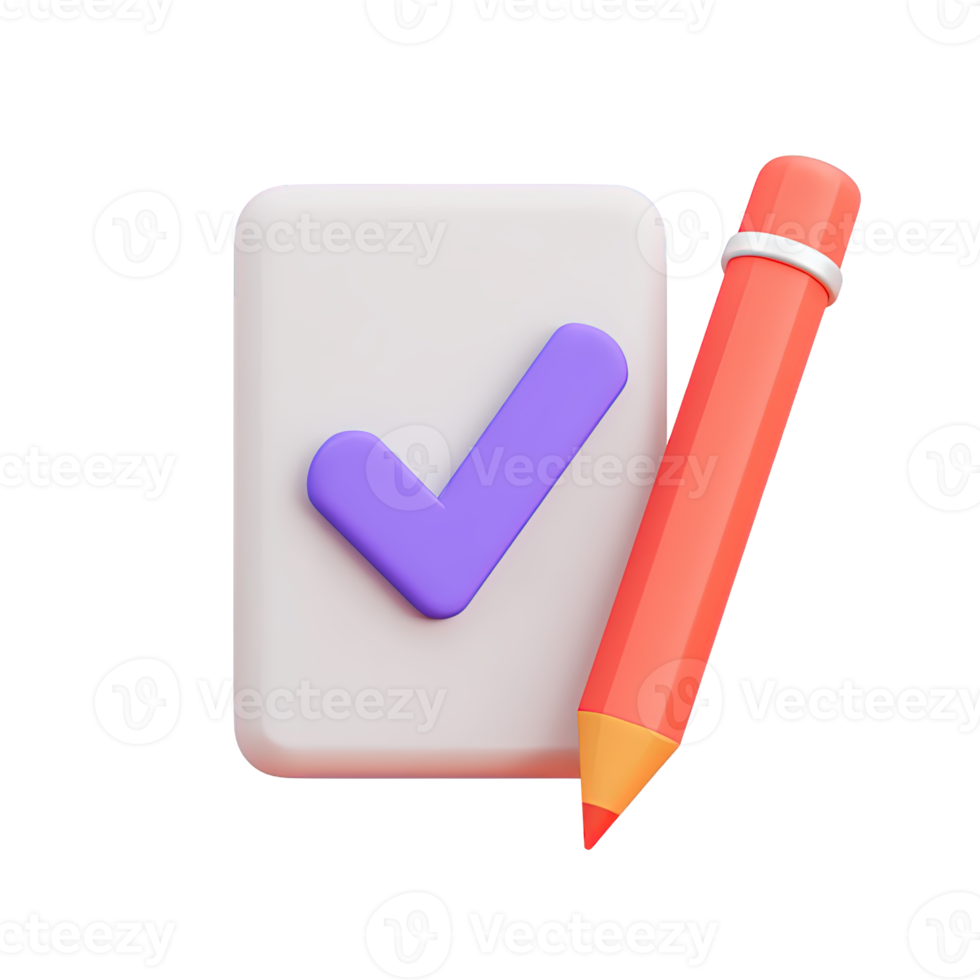 Close up 3D icon document with checkmark and pencil. Emphasizes confirmation, agreement, successful task completion. Suited for UI and official comms. png