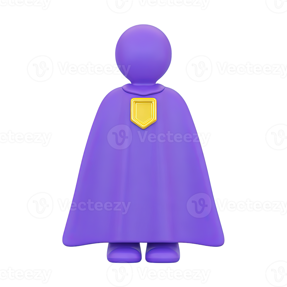 Front view 3D icon abstract figure with flowing purple cape. Symbolizes superhero qualities, power, strength, leadership, protection, heroic abilities. png