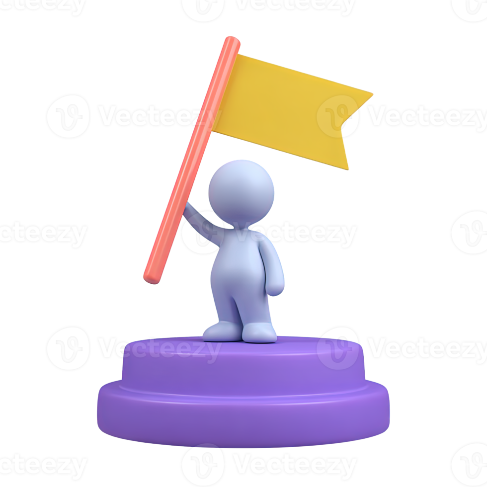3D icon character on stepped podium with flag. Represents winning first place, achieving major goals, celebrating success, recognition for performance. png