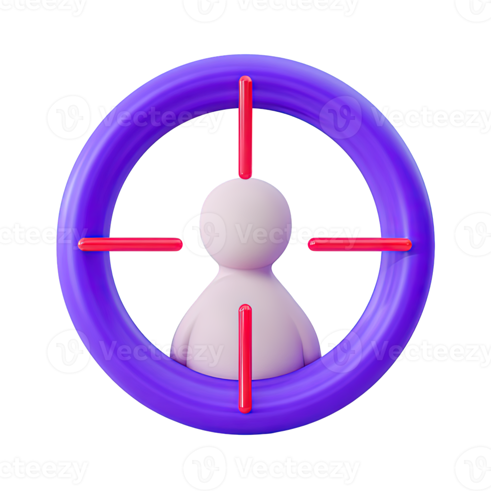 3D icon purple red target, stylized person in bullseye. Symbolizes precise audience targeting, market focus, personalization, strategic customer engagement. png