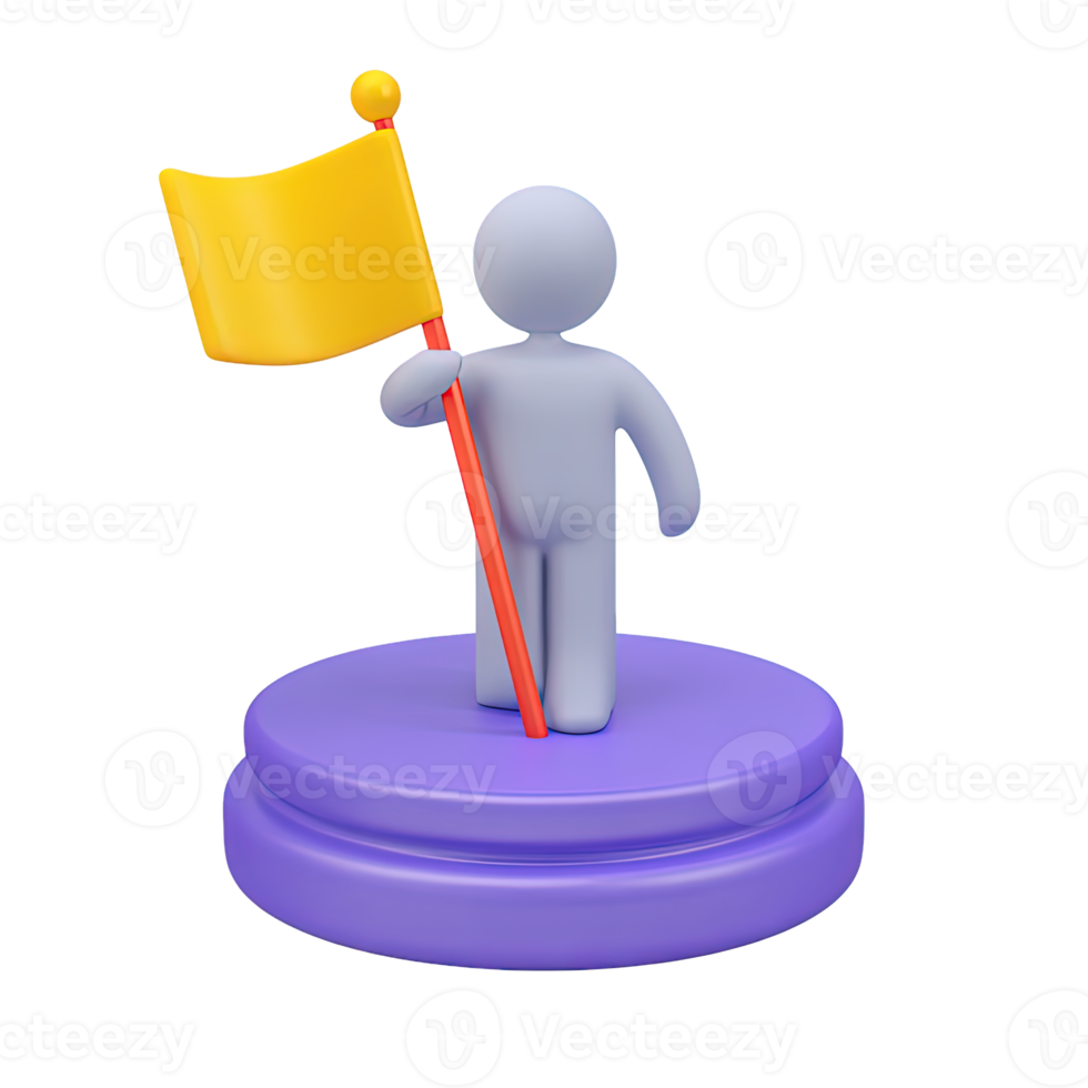 Elegant 3D icon figure atop podium with flag. Signifies triumph, reaching pinnacle, success in competition, being number one, ultimate recognition. png