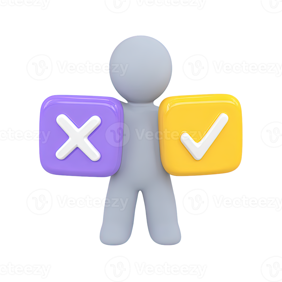 3D icon figure holds purple cross and yellow checkmark. Represents evaluation, comparison, selection processes, making informed decisions on contrasts. png