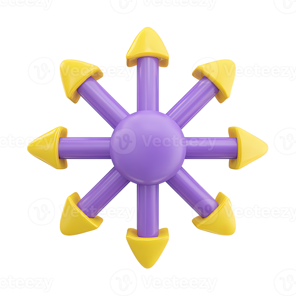 3D abstract radial shape like star gear, yellow arrows out. Symbolizes central hub, network connections, distribution points, multiple options, directions. png