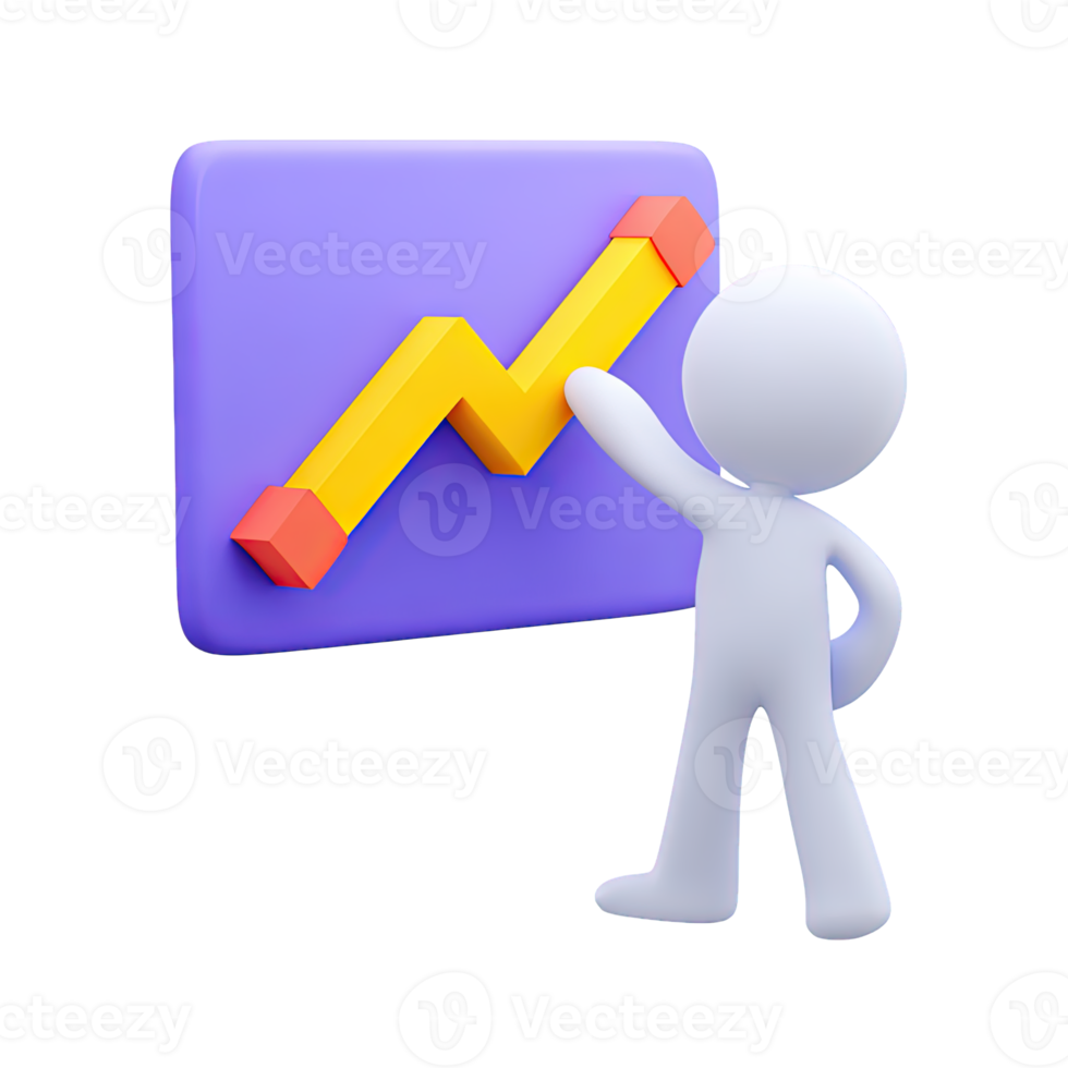 3D icon figure points to rising graph on board. Symbolizes business growth, financial success, data analysis, positive trends, strategy presentations. png