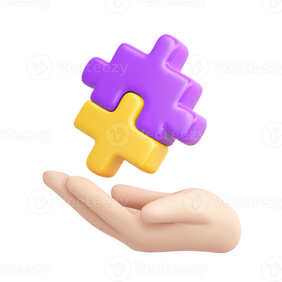 3D icon hand gently holds yellow purple puzzle piece. Symbolizes finding solution, making connection, integrating part, problem-solving, strategic thinking. png