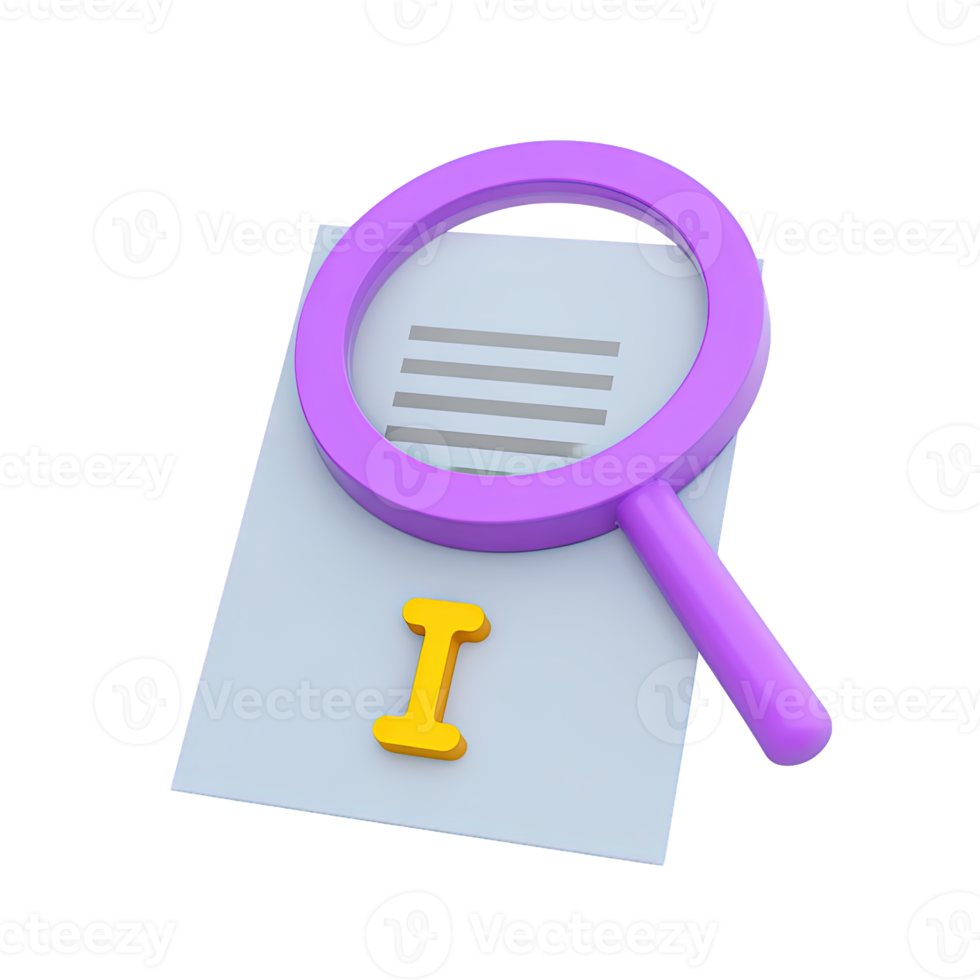 Detailed 3D icon magnifying glass over document with info symbol. Highlights research, investigation, data analysis, searching for details or insights. png