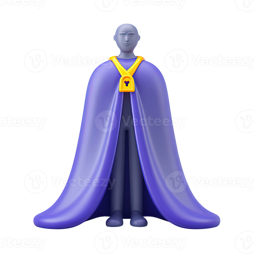Side view 3D icon abstract figure with long purple cape. Represents courage, champion status, authority, confidence, formidable hero leader presence. png
