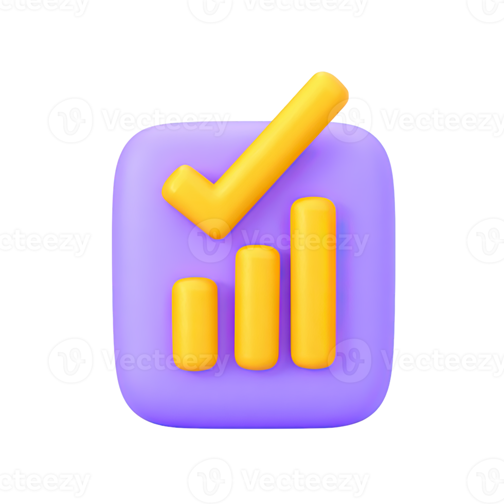 3D icon bar chart with 3 rising gold bars, yellow checkmark. Symbolizes approved financial results, positive data validation, successful stats reports. png