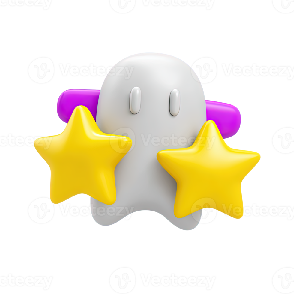 Cute 3D ghost icon with two yellow stars. Represents positive rating, customer review, good feedback, user appreciation, charming quality assessment. png