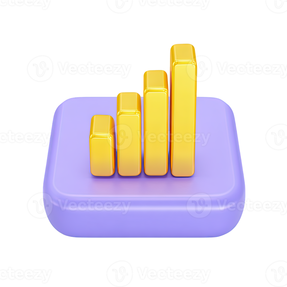 3D icon bar chart on platform, rising golden bars. Represents statistical data, financial growth, business analytics, positive reports, upward trends. png