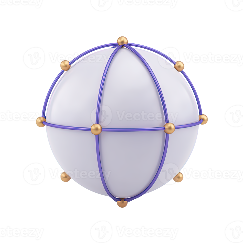 3D icon white purple globe with latitude longitude lines. Symbolizes Earth, global presence, intl relations, geography, worldwide travel, connection. png