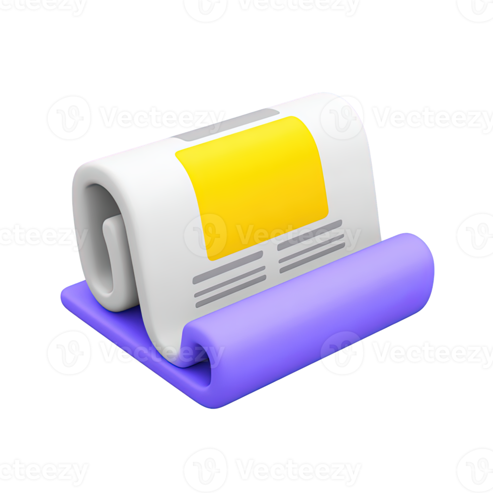 3D icon rolled newspaper document, yellow highlight. Signifies important news, latest info, media updates, official publications, key announcements. png