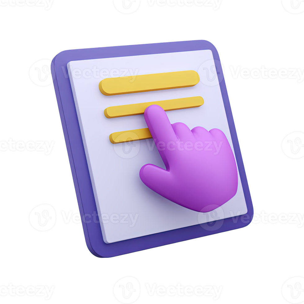 Dynamic 3D icon finger interacts with digital checklist on tablet. Symbolizes task completion, online surveys, project management. Ideal for productivity apps. png