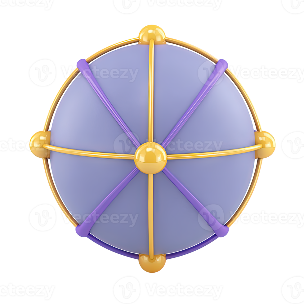 Stylized 3D globe icon purple surface, golden radial lines. Signifies global reach, worldwide networking, centralized connections, expansive comms nets. png