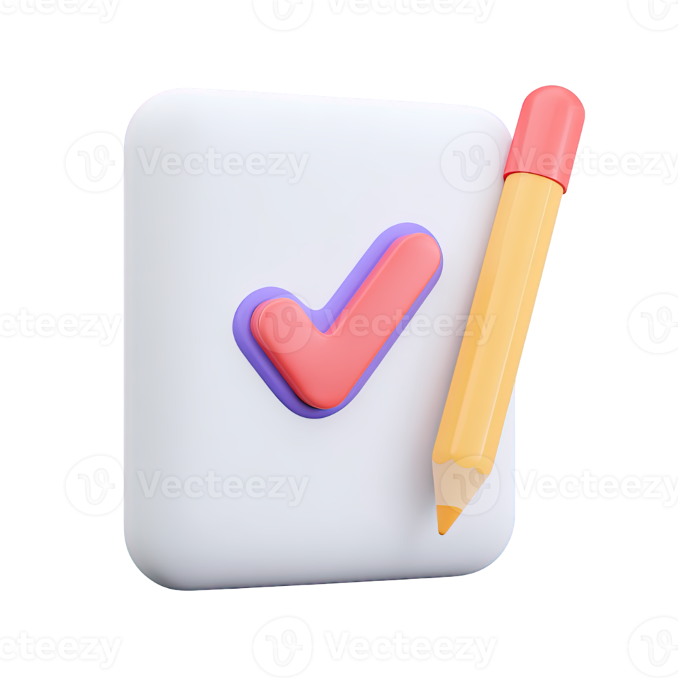 3D icon document with checkmark and pencil. Signifies approval, completed tasks, verification, successful validation. Perfect for business or educational use. png