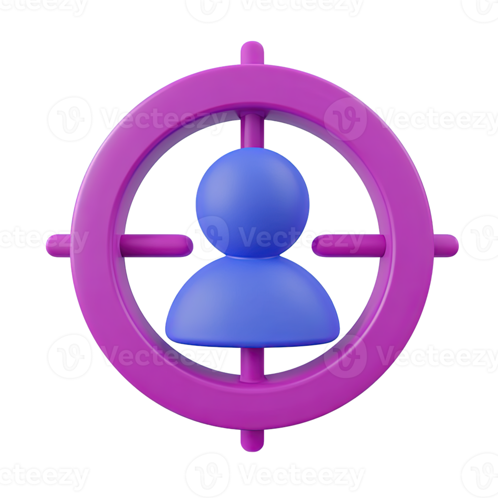 Modern 3D target icon blue user silhouette at center. Emphasizes user centric design, targeted ads, demographic analysis, audience profiling for digital. png