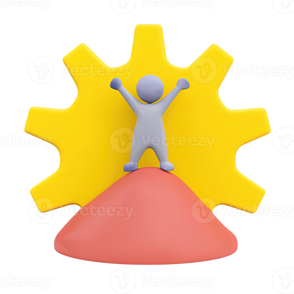 3D icon figure victorious on combined gear and mountain. Signifies industrial progress, tech achievement, innovative success, reaching development goals. png