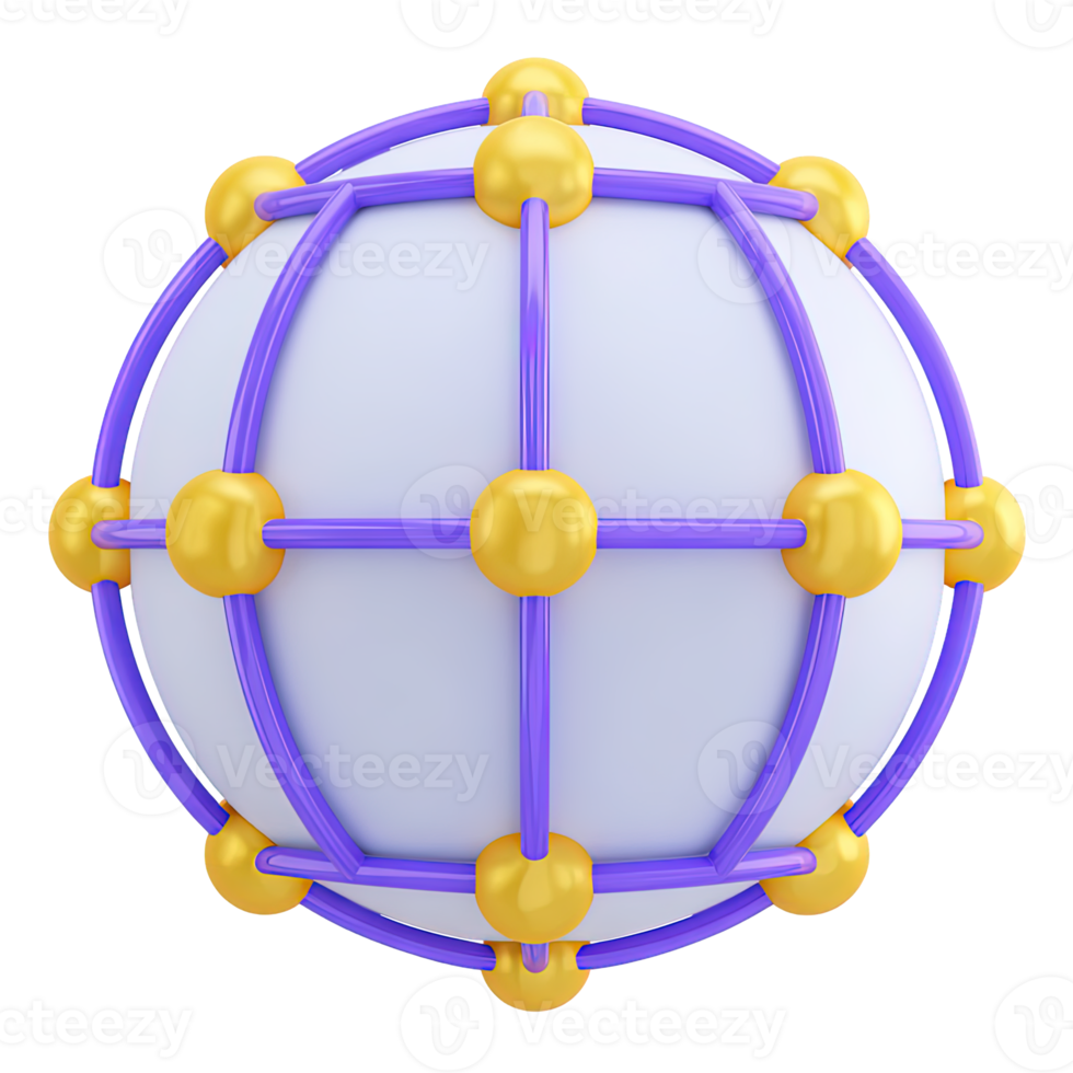 3D globe icon interconnected gold nodes, purple lines. Represents global networks, worldwide comms, internet connectivity, intl business, tech systems. png
