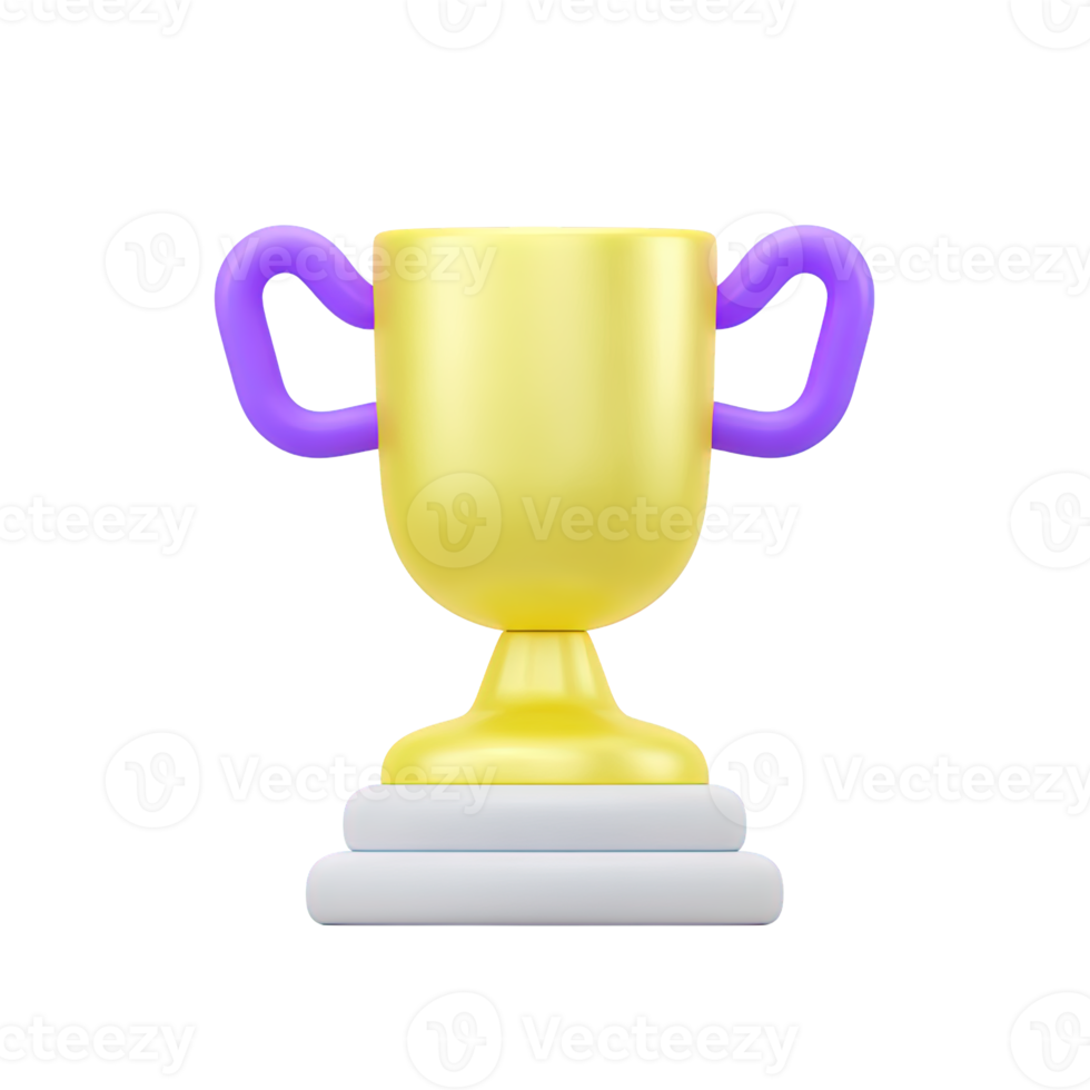 Elegant 3D gold trophy with purple handles for success and best in competition. Shiny award icon signifying victory and top achievements. png