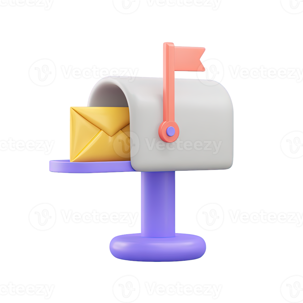 3D mailbox with envelope and flag up indicating incoming mail or messages. Ideal for email notifications and communication interface designs. png