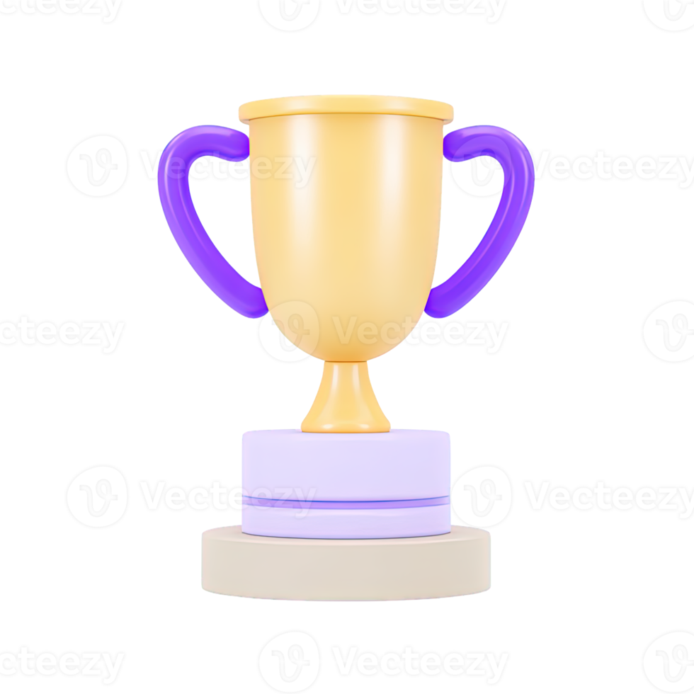 Classic 3D gold trophy on a purple tiered base for first place victory and top honors. Ideal for showcasing success and achievements. png