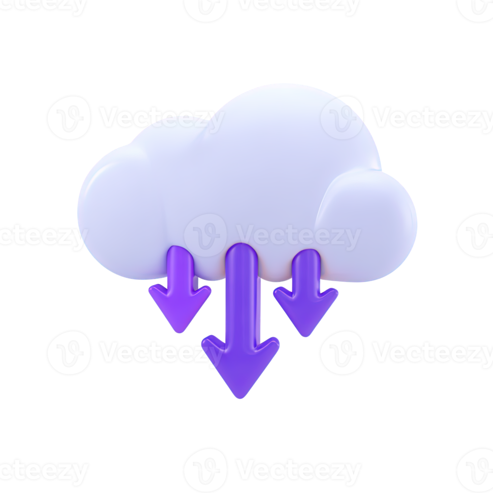 White 3D cloud with multiple purple downward arrows for data download from cloud storage. Suited for file transfer and software updates. png