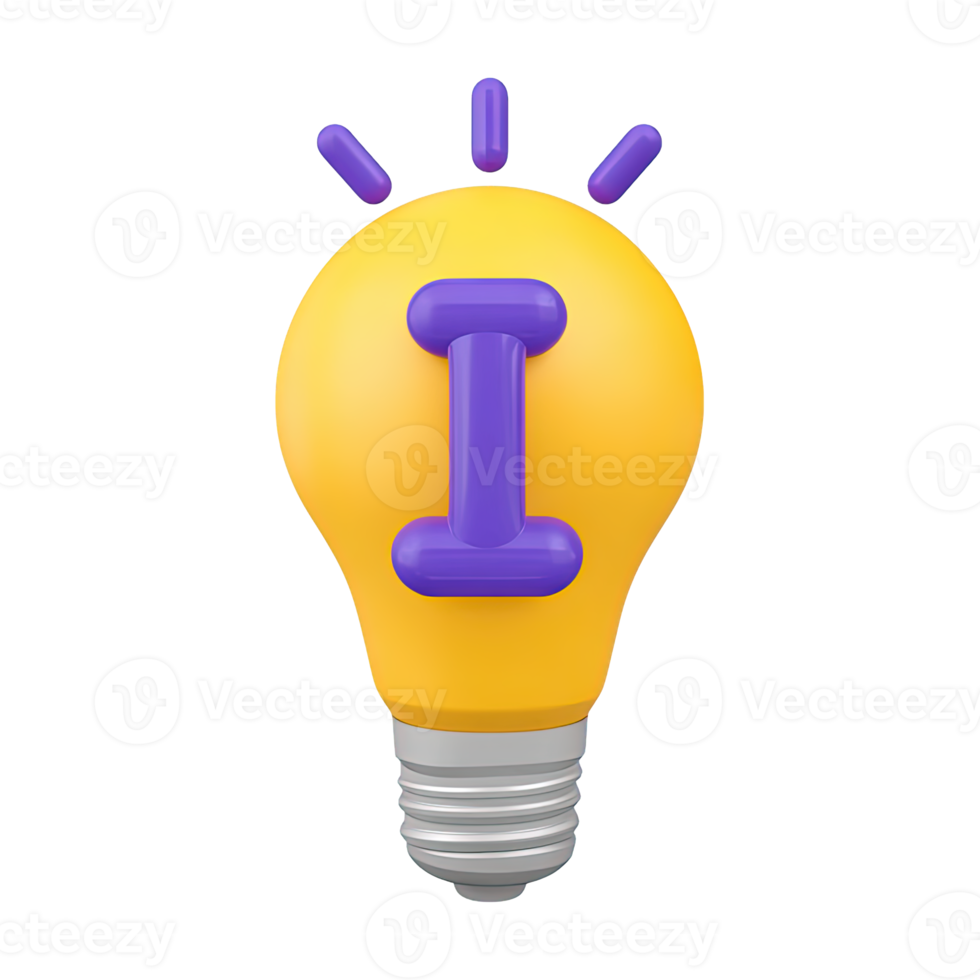 Glowing yellow 3D lightbulb with purple I symbolizing information ideas or insights. Excellent for help sections and knowledge resources. png