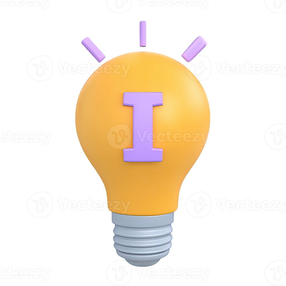 Yellow 3D lightbulb with purple letter I for information ideas insight or innovation. Suited for help FAQs and highlighting bright solutions. png