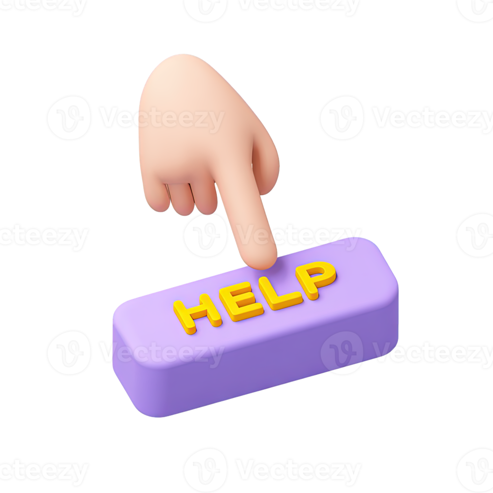 Hand pointing at purple HELP button a 3D rendered icon for user interface click action requesting customer support or seeking urgent assistance online png