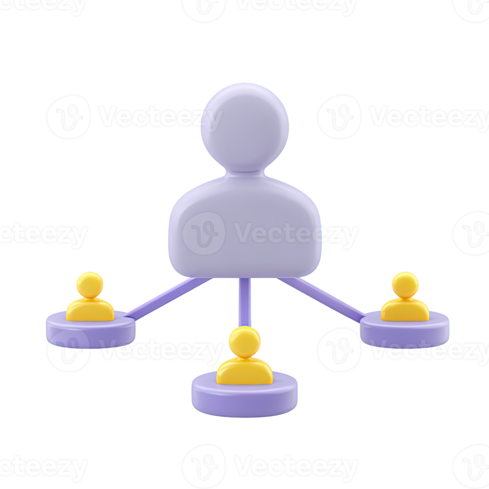 3D icon of central figure connected to smaller ones depicting network hierarchy and structure. Great for team leadership and collaboration. png