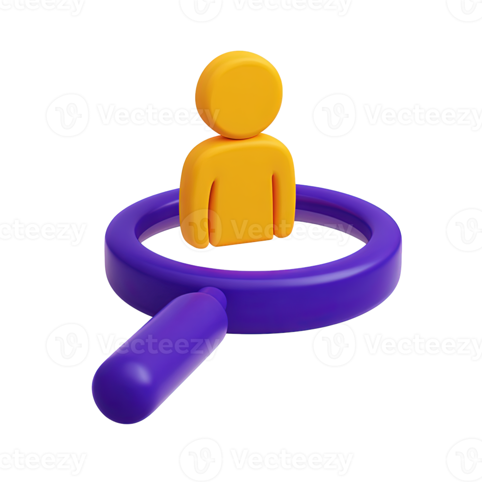 Magnifying glass over user profile icon a 3D rendered graphic symbolizing searching for people recruitment human resources or finding contact information png
