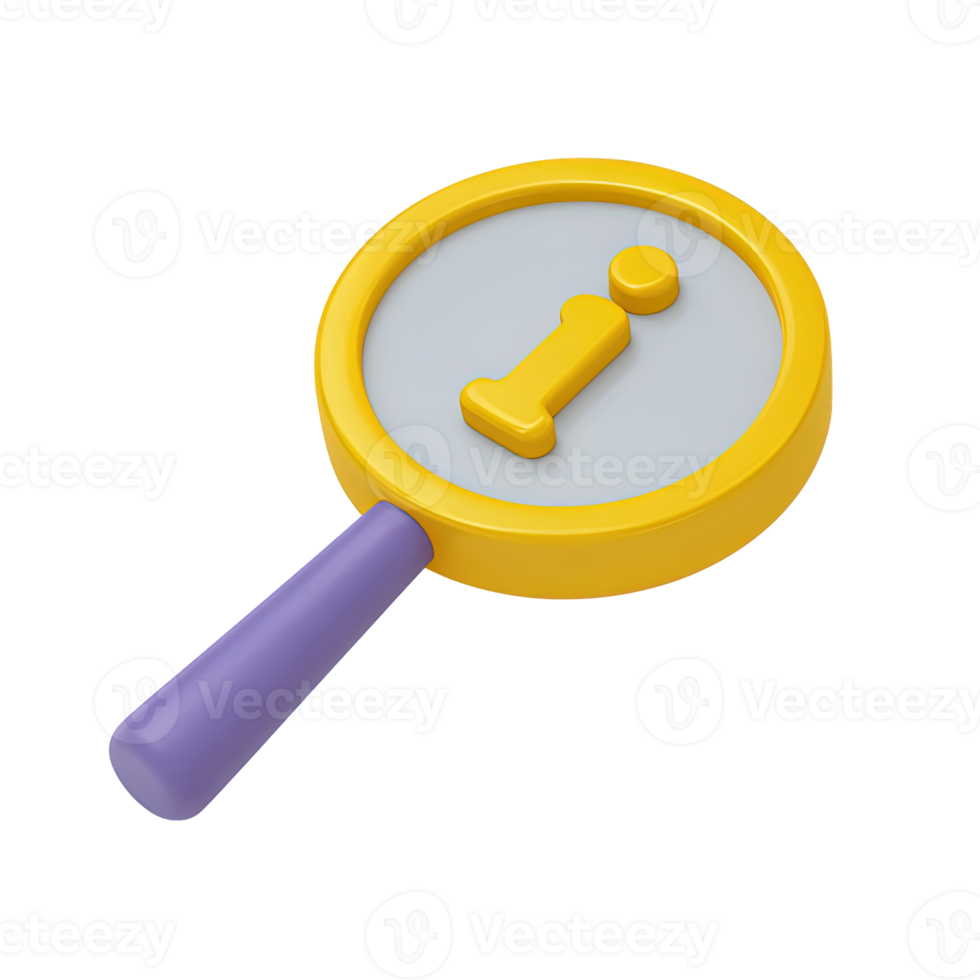 Magnifying glass over information symbol a 3D rendered icon representing search for details research help query or finding specific information online png