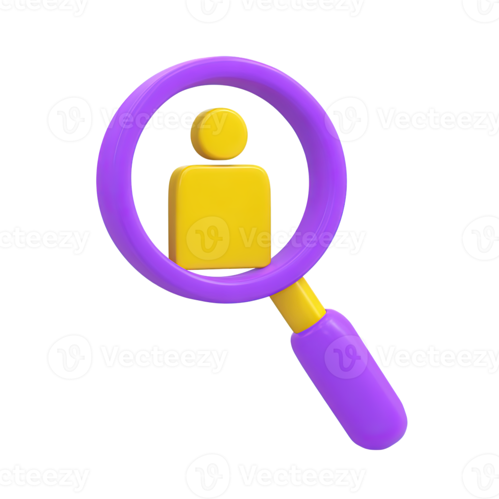 Magnifying glass focusing on a user icon a 3D rendered graphic for talent search people lookup recruitment or customer identification process png