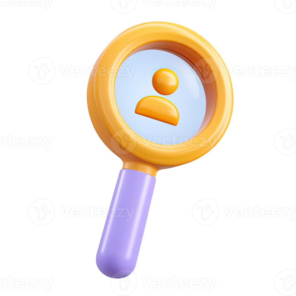 Magnifying glass with user profile inside lens a 3D rendered icon for detailed user search identity verification or profile analysis online png
