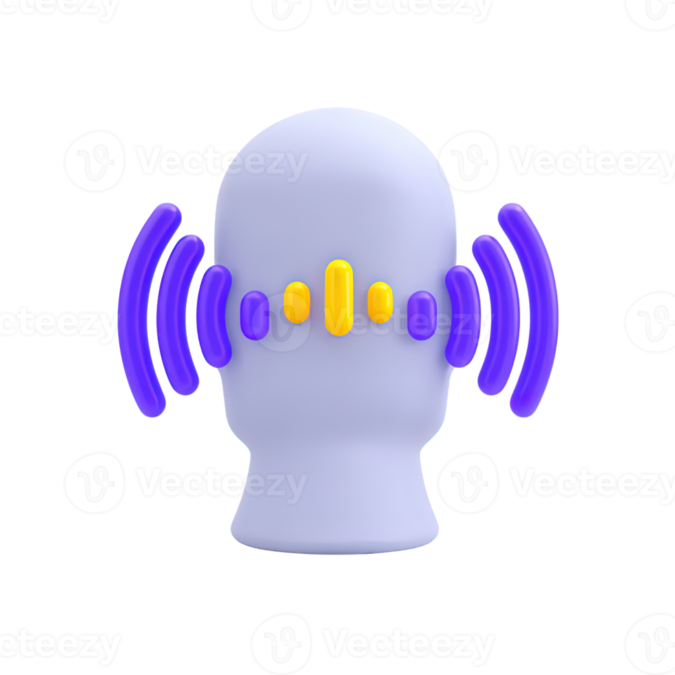 Head silhouette with sound waves emitting a 3D rendered icon for voice command speech recognition audio input communication or sound perception png