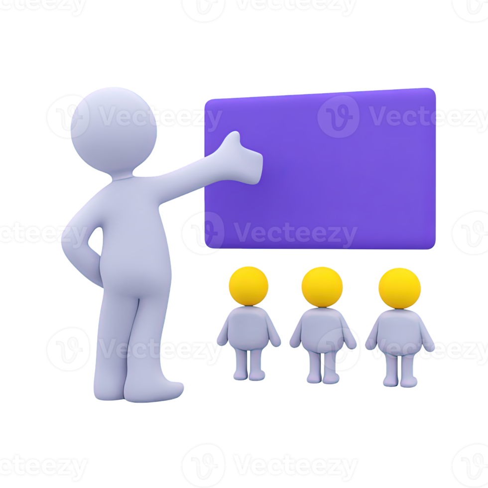 Figure pointing to blank board with audience a 3D rendered icon for teaching explanation presentation instruction or team briefing session png