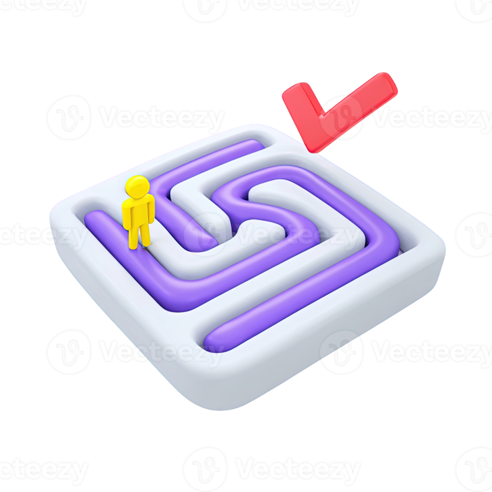 User icon in maze with red checkmark a 3D rendered graphic symbolizing problem solved successful navigation achievement guidance or finding a solution png