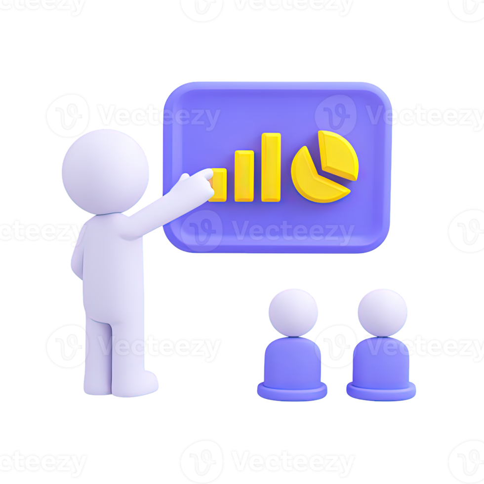 Figure presenting bar chart data to audience a 3D rendered icon for business meeting statistics report analysis or team presentation workflow png