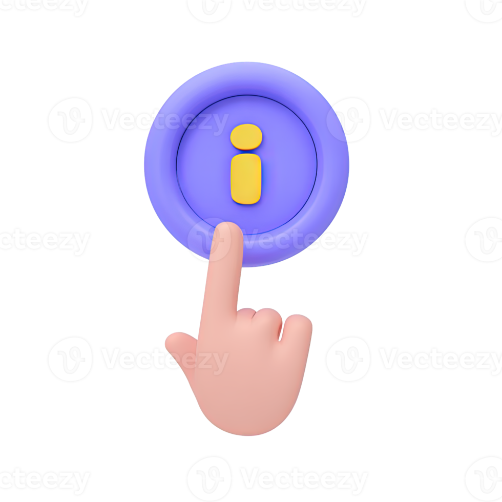 Hand pointing at information i button a 3D rendered icon for clicking to get help details online query or user interface info access png
